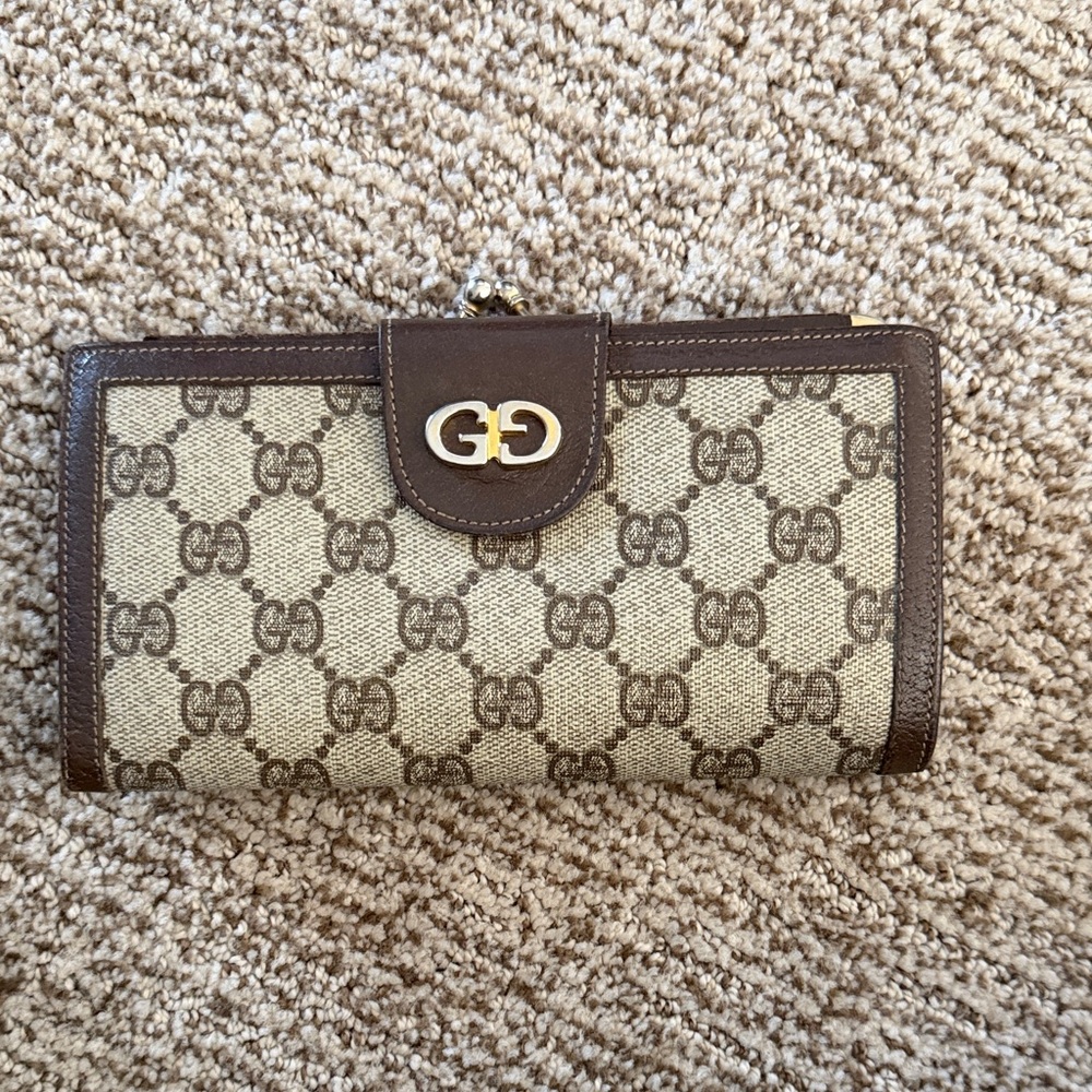 Gucci Beige and Brown GG Canvas Continental Wallet with Gold Hardware